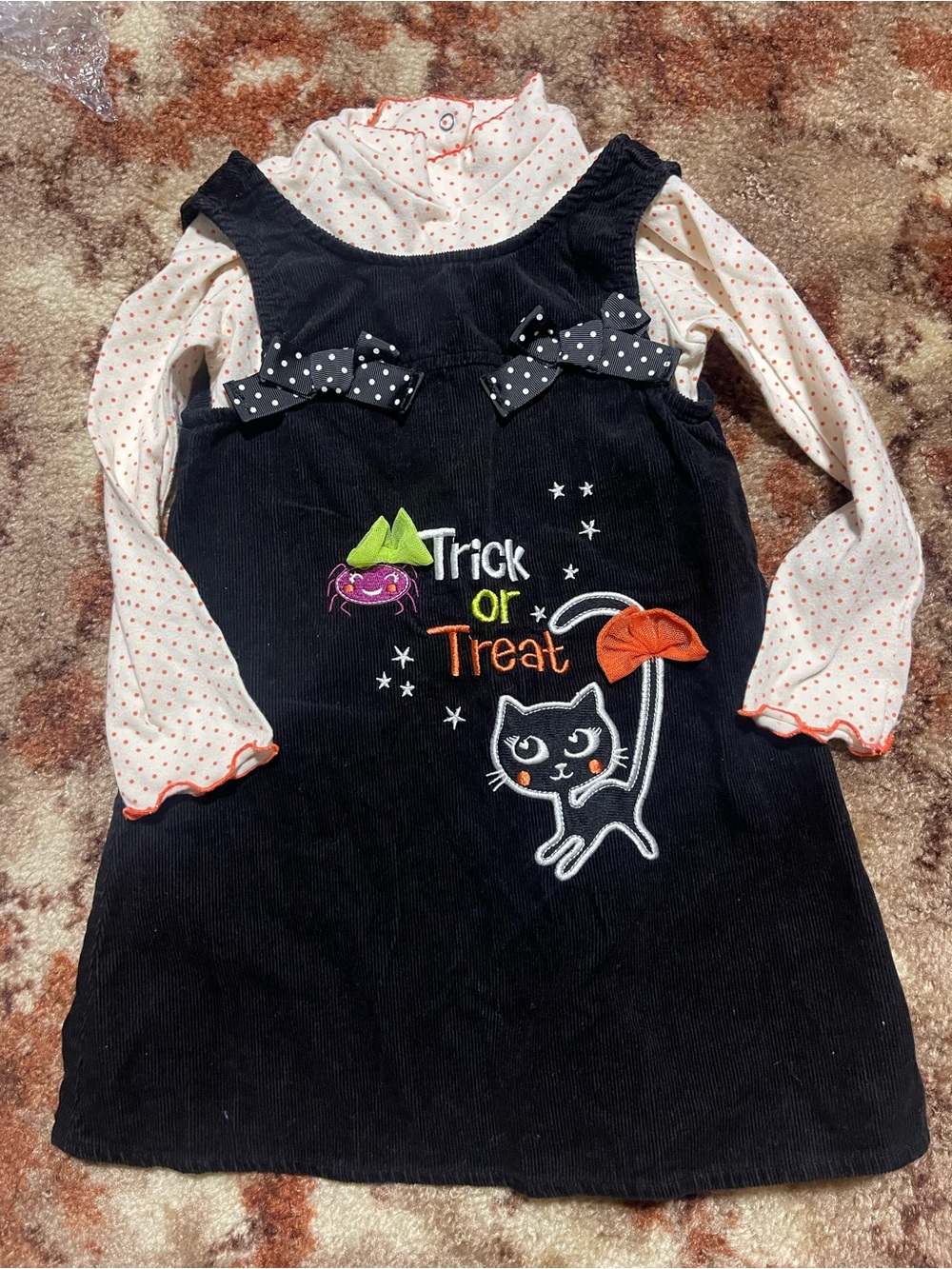 Halloween 'Trick or Treat' Black Corduroy Kids Costume Dress with Polka Dot Top